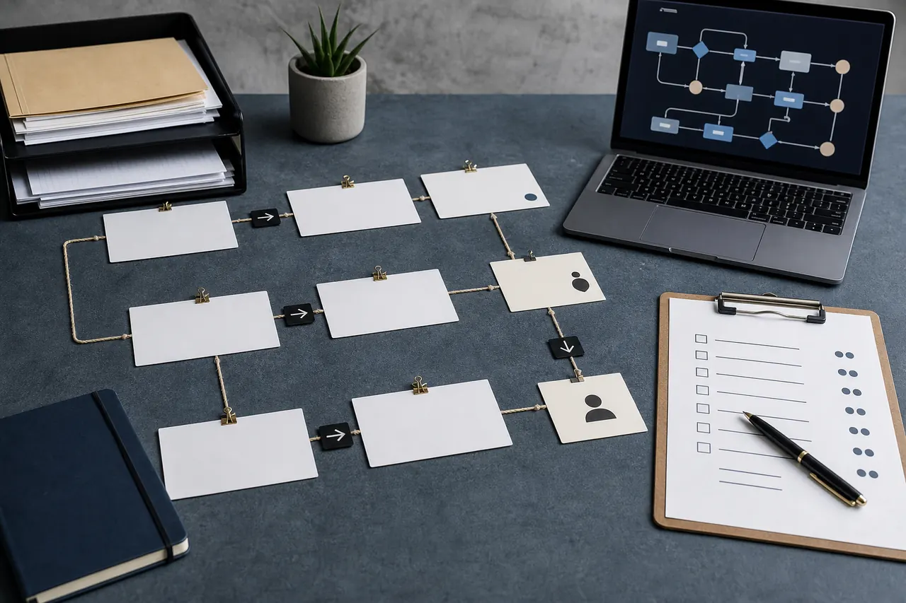 Process planning cards on a blueprint desk